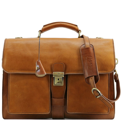 The Floto Novella leather briefcase is a men's attache business bag that is handcrafted in Italy. This is the Novella Brief in Tobacco Brown.
