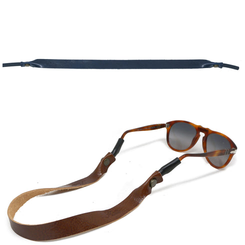 This is a Floto Sunglasses Strap eye wear retainer made from Italian full grain calfskin leather. Blue