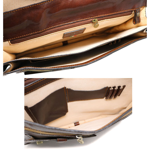 The Floto Roma Messenger Bag is a soft-sided leather bag that is made in Italy with full grain hand-stained leather. This messenger bag has an outside zip pocket, inside pen organizer, and a detachable shoulder strap. This is the Roma Messenger in Vecchio Brown 4