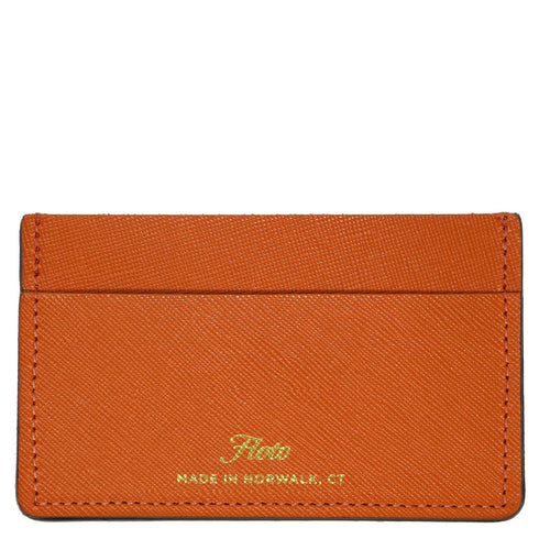 This is a Floto Wallet made from calfskin leather with a saffiano finish. This model is the Sono Wide Card Wallet in Orange.