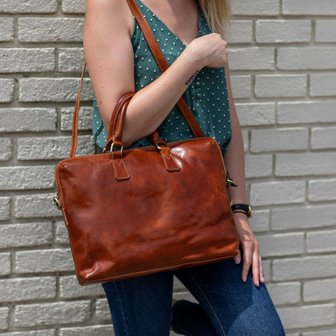 Leather Slim Briefcase Floto Milano olive honey brown 2